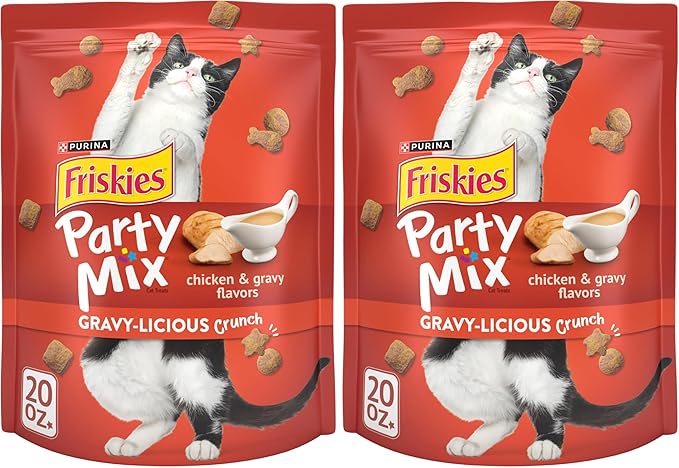 Friskies Purina Cat Treats, Party Mix Gravy-Licious Crunch Chicken and Gravy Flavors - 20 oz. Pouch (Pack of 2)