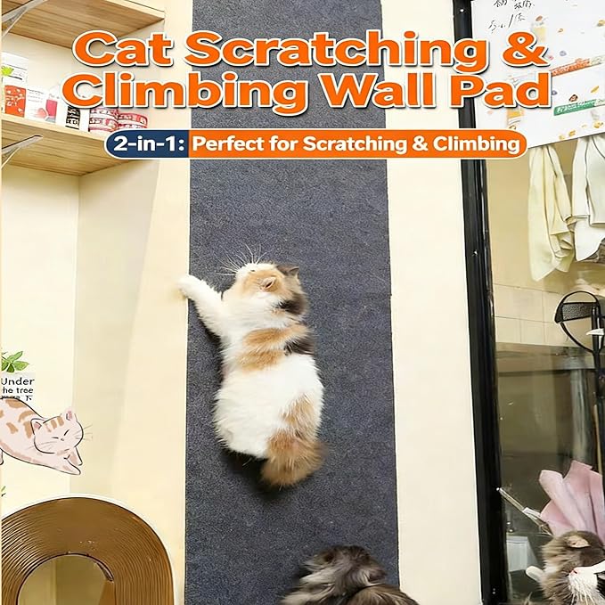 Cat -16"x39"Self-Adhesive Cat Scratching Carpet, Heavy-Duty Nail-Free Wall-Mounted Cat Activity Mat for Indoor Cats, Durable Pet Furniture for Kittens & Adult Cats （Dark Gray）
