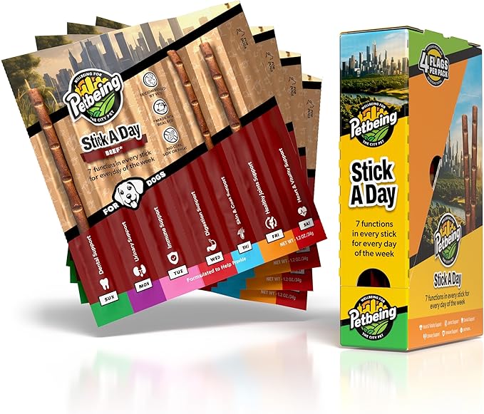 Stick a Day for Dogs | Specially Formulated 7-in-1 Functions Daily Real Meat Supplement for Dogs | Dog Chew Stick & Pet Vitamins Supplements Combination (7-Pack x 4, Beef)