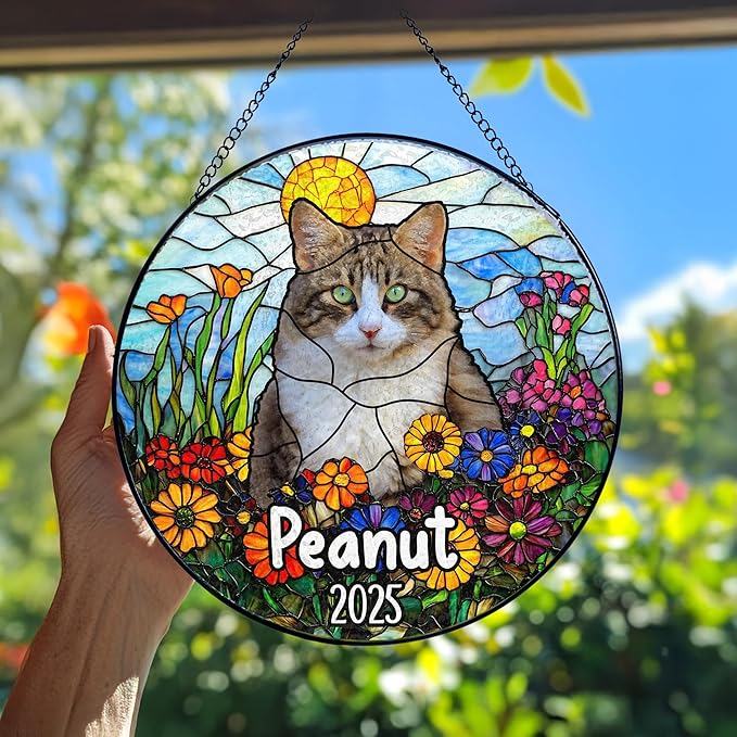 Custom Dog Portrait Art Suncatcher Stained Glass Remembrance Gift Indoor Decor Window Hanging Cat Bereavement Keepsake Loss of Pet Sympathy with Name Date Portrait Gifts