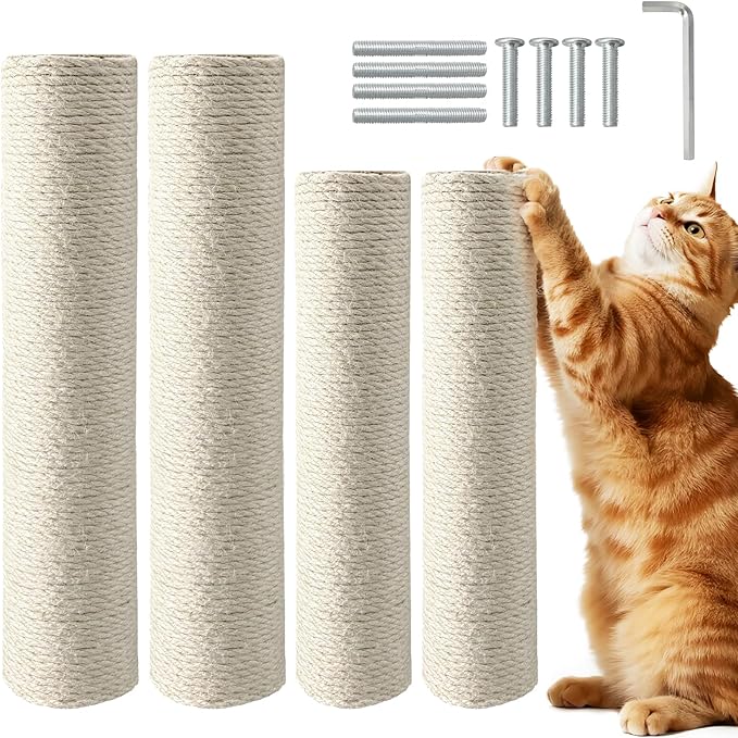 4 Pack Cat Scratching Post Replacement, 11.8 x 2.7 Inch Sisal Poles with M8 Screws, Refill Parts for Indoor Cat Towers and Furniture Repair-White