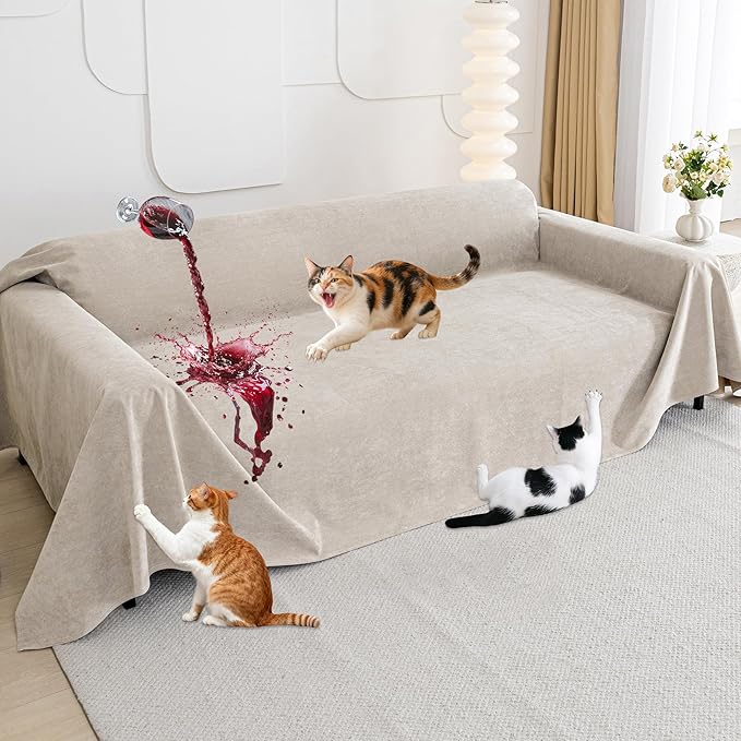 Cat Scratch Furniture Protector - Anti-Slip, Waterproof Sofa Cover to Keep Cats Off, Pet-Friendly Couch Protectors for 3 Cushion Couch, Khaki Anti-Scratch Couch Cover for Pets and Kids 118"X71"