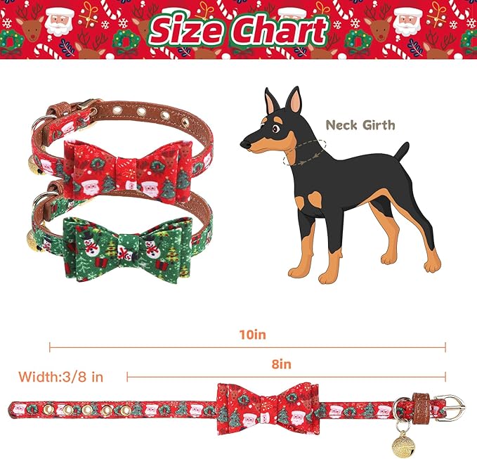 PUPTECK Puppy Collar with Bell XXS Dog Collar Charm Adjustable Bowtie Soft Leather for Cats Kittens Extra Small Dogs 2 Packs