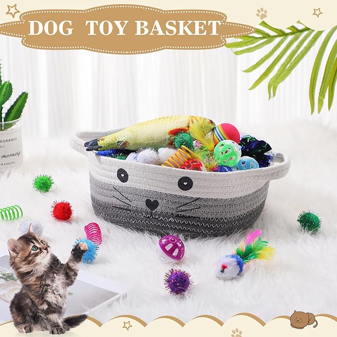 Zopeal 58 Pcs Valentine's Day Cat Storage Basket Gift Toys Set, Colorful Flashing Balls Pet Bell Crinkle Balls Spring Toys Attract Cat to Swat, Hunt, Interactive for Pet(Multicolor,9.8 Inch)