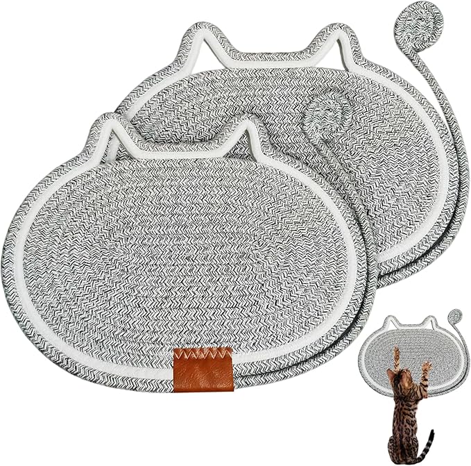 2 PC Cat Scratcher Mat - Natural Cotton Rope Oval Horizontal Scratch Pad (11''x13.7'') with Dangling Ball Toy, Cat Ear Design, Furniture Protector for Floor/Wall, Durable Handmade (Grey, 2 PC)