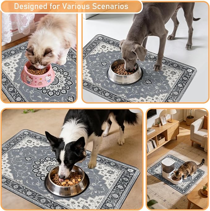 Dog Food Feeding Mat - Absorbent Diatomite Pet Dog Cat Bowl Mats for Food and Water, Anti Slip Dog Bowl Placemat for Floors, Quick Dry Pet Dish Matts Supplies, Bohemia Style, 12 * 20in
