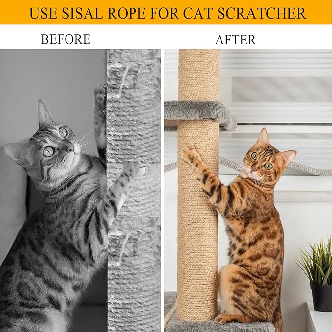 Natural Sisal Rope for Cat Scratcher - 100ft x 1/4" Durable Hemp Rope & Twine Cat Toy with Catnip, Includes Free Silvervine Sticks, Eco-Friendly for Cats & Kittens