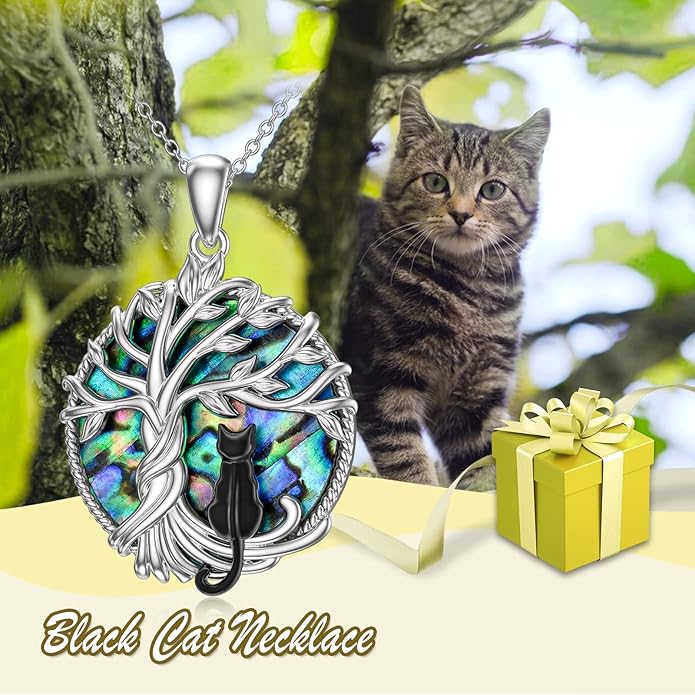 TOUPOP Cat Gifts for Cat Lovers Sterling Silver Cute Cats Tree of Life Pendant Necklace with Blue Circle Crystal Birthday Christmas Jewelry Gifts for Women