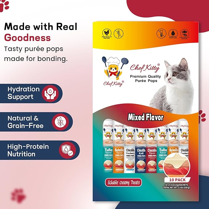 Purée Pops, Cat Treats, Grain-Free, Lickable, Squeezable Creamy Cat Treat/Topper with Vitamin E & Taurine, 0.5 Ounces Each Tube, 10 Tubes, Chicken and Seafood Mix Variety