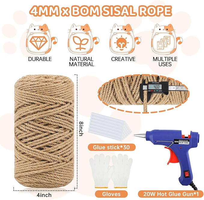 262 ft Sisal Rope for Cat Scratcher Kits, 4mm Thick Rope for Cat Scratch Post, DIY Hemp Twine with Hot Glue Gun and 30 Glue Sticks