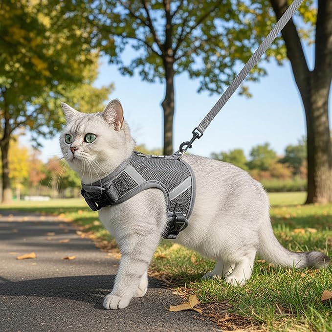 Cat Harness and Leash Escape Proof Kitten Harness Cat Leash for Walking Travel Service Cat Vest, Grey, Medium