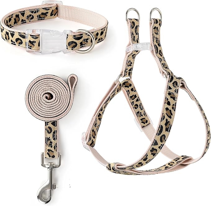 Mile High Life Leopard Dog Harness Collar Leash Set, Adjustable No Pull Dog Halter Harness for Small Breed Dogs, Easy Control for Training Walking (Beige, XS Chest 9"-15", Neck 8"-12")