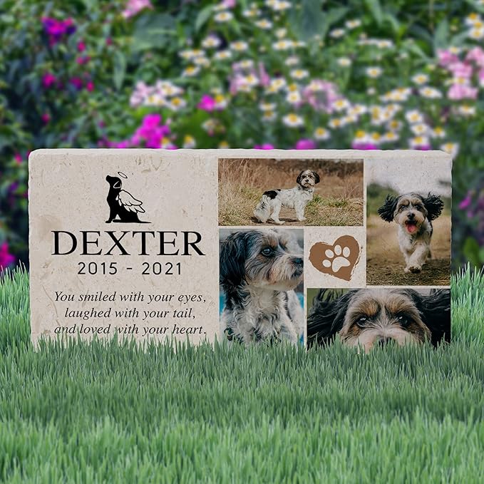 Personalized Pet Memorial with Keepsake Photo on Limestone - Headstones, Garden Stones, and Grave Markers for Dogs - Dog Memorial Stone, Pet Memorial Gifts - 12”x 6”x1.25" (A. Dexter Design)