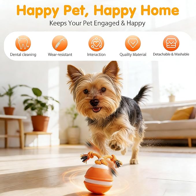 Interactive Dog Toys,Dog Toy Ball with Squeaky Sound and Stimulation,Automatic Moving Activated Dogs Toy for Small/Medium Dogs, Indoor and Outdoor Pet Exercise Toy for Boredom (Orange)