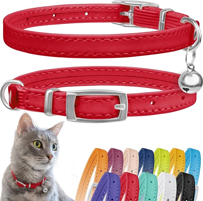 CollarDirect Leather Cat Collar with Bell - Kitten Collar, Small and Big Cat Collar for Boy Cats, Girl Cats with Safety Elastic Strap (Neck Fit 6"-7", Red)