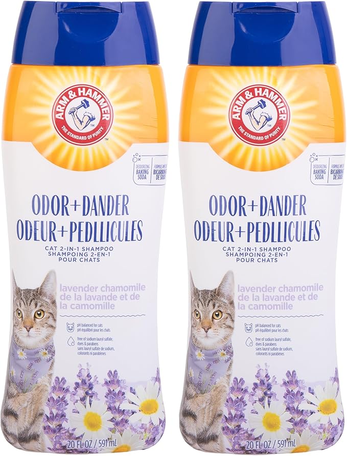 Arm & Hammer 2-in-1 Deodorizing & Dander Reducing Shampoo for Cats, Baking Soda Cat Shampoo for Dander, Odor Control and Coat Cleaning, Lavender Chamomile Scent, 20 Fl Oz - 2 Pack