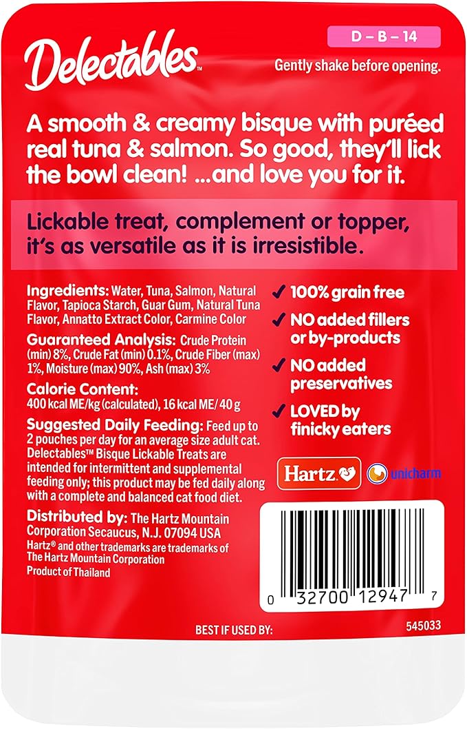 Hartz Delectables Lickable Treat Bisque Wet Cat Treat with Real Tuna & Salmon, Food Topper, Hydrating, Grain-Free, No-Fillers, No by-Products, No-Added Preservatives, 1.4oz Pouch (Pack of 24)