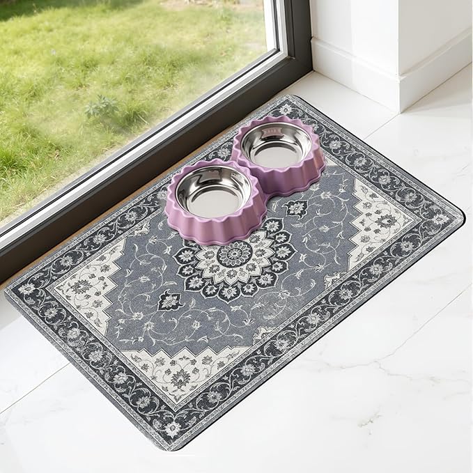 Dog Food Feeding Mat - Absorbent Diatomite Pet Dog Cat Bowl Mats for Food and Water, Anti Slip Dog Bowl Placemat for Floors, Quick Dry Pet Dish Matts Supplies, Bohemia Style, 12 * 20in