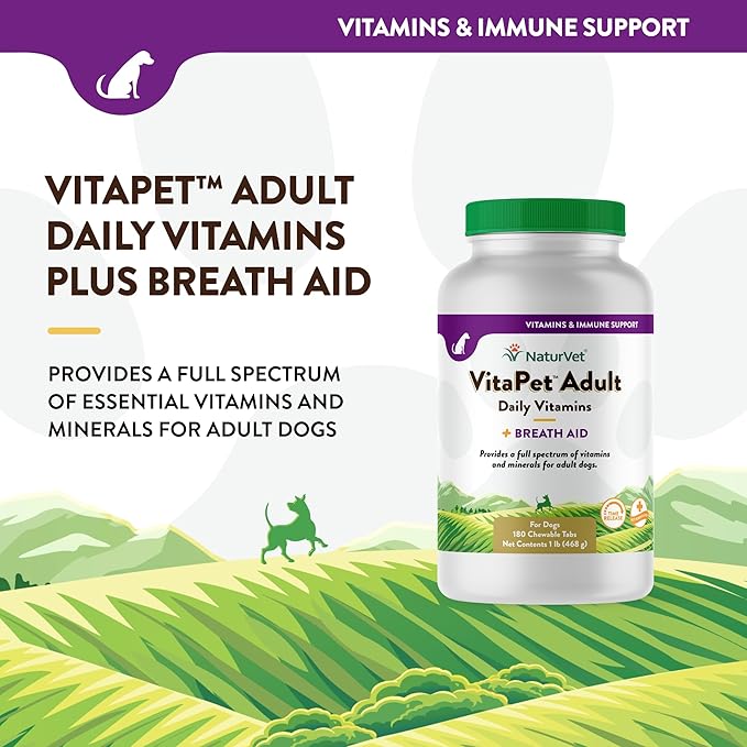 NaturVet VitaPet Adult Daily Vitamins for Dogs with Breath Aid – Includes Full Spectrum of Vitamins, Minerals, Omega-6 Fatty Acids, Parsley – Designed for Dogs Over 1 Year – 180 Ct.