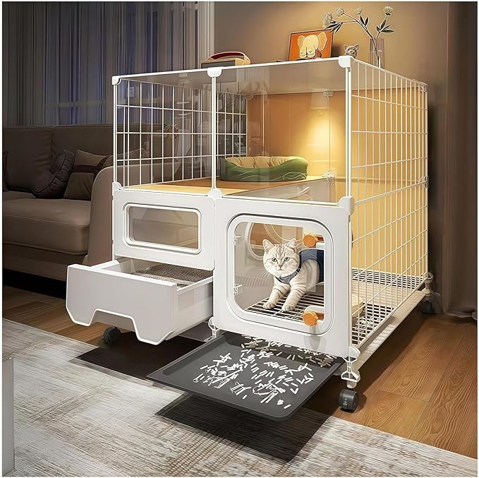 Indoor Cat Cage with Litter Box,Complimentary Cat Bed, Bowl Double-Layer Cat House with Wheels Outdoor Large Cat Enclosure, Small Animal Dog Kennel(28″(L) x18.2″(W) x32.4″(H))