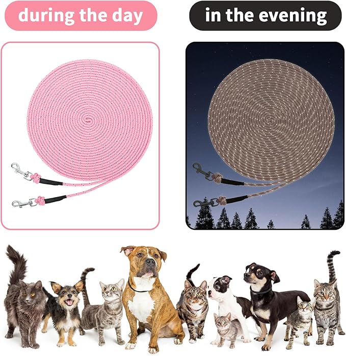 Rypet Reflective Cat Long Leash - 30 FT Escape Proof Walking Leads Yard Long Leashes Durable Safe Personalized Extender Leash Traning Play Outdoor for Kitten, Puppy, Rabbit and Small Animals(Pink-M)