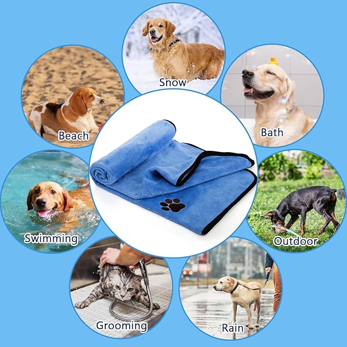 Fasmov 4 Pack Microfiber Dog Towels, 40"x 20" Large Pet Bath Towel, Microfiber Absorbent Towel Pet Bathing Supplies Quick Drying Paw Towel for Large, Medium or Small Dogs Cats Shower (Grey, Blue)