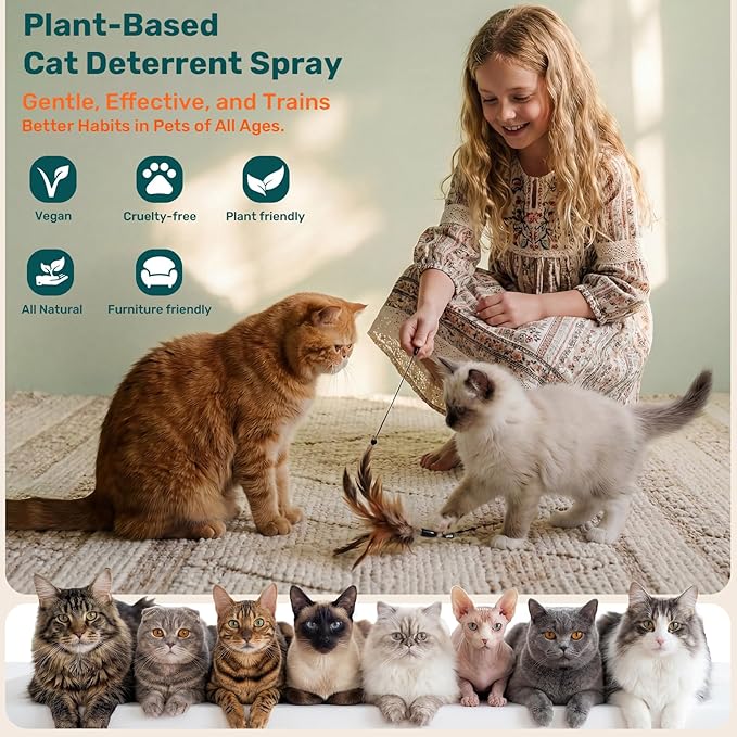 Natural Cat Deterrent Spray Indoor, Cat Repellent Spray for furniture, Safely Cat pee stopper, Anti Furniture Scratching, Stops Urine Marking, Kitten Training Spray for Sofa, Rugs, Chairs, 150ml