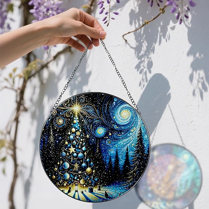8″ Starry Night Christmas Tree Stained Glass Suncatcher Ornament, Stained Glass Window Hanging — Holiday Window Ornament | Gift for Christmas, Holiday Present Idea, Gift Exchange, Gifts Idea