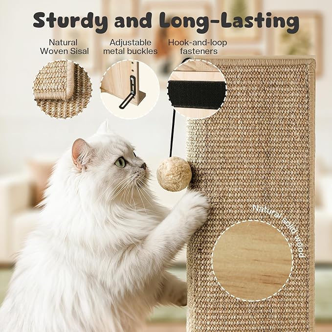Wooden Couch Corner Cat Scratcher with Sisal Scratching Mat, Adjustable Couch Cat Scratch Protector with Adjustable Buckles, Couch Corner Protectors for Cats, Cat Scratch Furniture Protector for Sofa