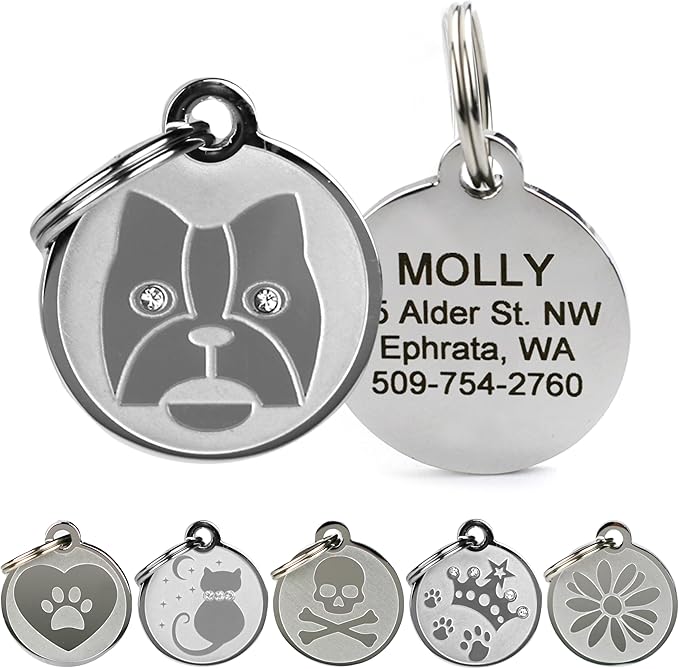 GoTags Designer Pet ID Tags in Stainless Steel for Dogs and Cats, Custom Engraved with 4 Lines of Personalized ID, Cute, Unique Pet Tags in Several Fun Designs