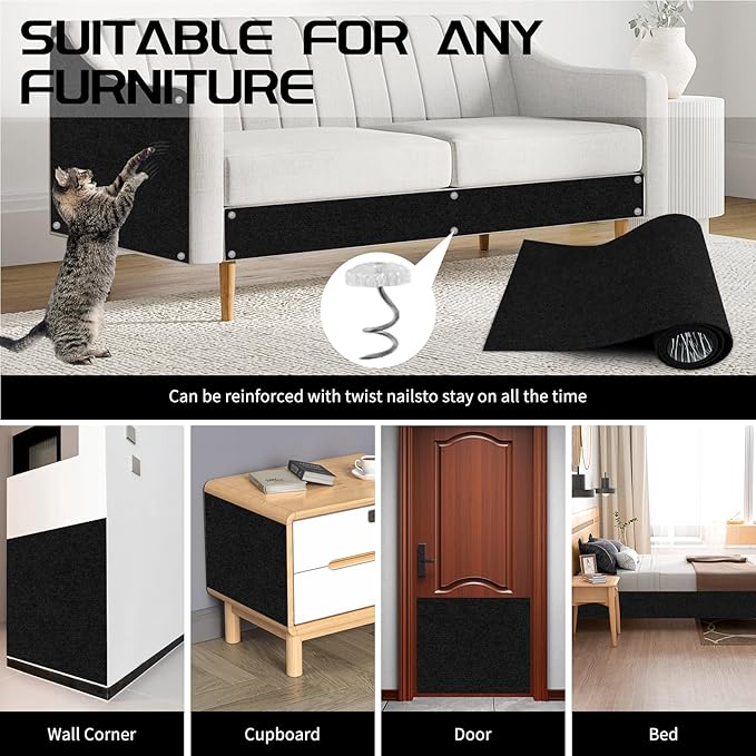 2 Pcs Total 78.7"x15.8" Cat Scratch Mat, Cat Scratch Couch Furniture Protector, Trimmable Self-Adhesive Cats Scratch Pads, DIY Cat Scratcher for Wall Protector and Covering Cat Tower (Black)