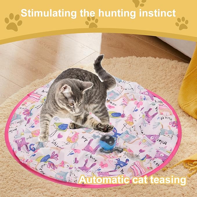 Remote Control Hunting Cat Toy, Rolling Ball Under Cover with Bird Chirp and LED, USB Rechargeable, Interactive Indoor Exercise Toy for Bored and Overweight Cats Mouse Game Pink+Blue