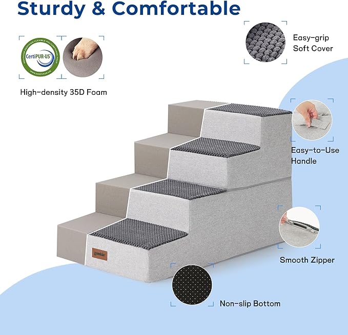 Dog Stairs for Large Dogs - Extra Wide Pet Stairs 2 in 1 with Zippers Suitable for Couch and Bed, 35D Foam Dog Steps with Non Slip Bottom Grey 4 Steps, Grey