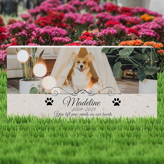 Custom Dog Memorial Stone, Personalized Pet Headstones for Dogs, Outdoor Pet Grave Markers with Photo Print and Text, Loss of Pet Sympathy Gift, 12”x6”x1.25" Pet Grave Stone (C. Madeline Design)