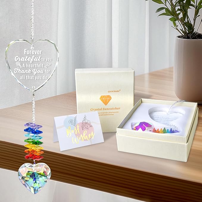 Crystal Heart Suncatcher with Engraved Thank You Message, Window Hanging Crystal Prism Sun Catcher Rainbow Maker, Appreciation Gratitude Gifts for Women Men Teacher Nurse Coworker