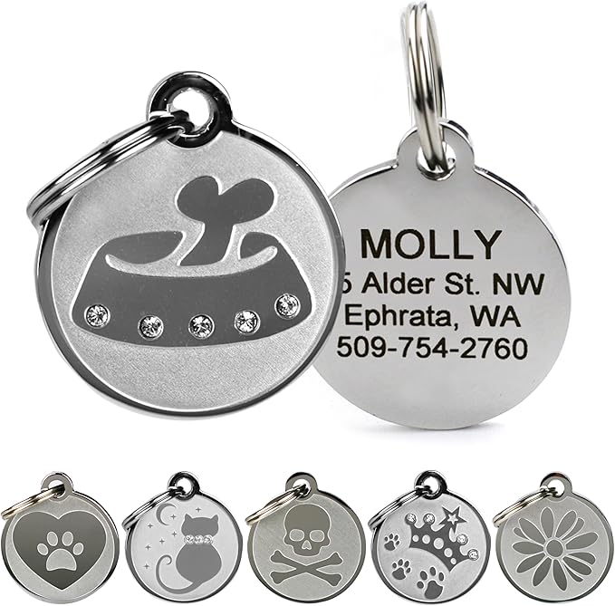 GoTags Designer Pet ID Tags in Stainless Steel for Dogs and Cats, Custom Engraved with 4 Lines of Personalized ID, Cute, Unique Pet Tags in Several Fun Designs