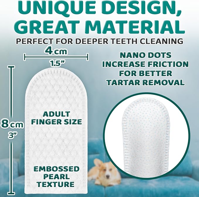 Premium Teeth Cleaning Wipes for Dogs & Cats - 50 Pcs - Pet Dental Care Finger Pads for Fresh Breath & Oral Hygiene - Embossed Pattern & Nano Plastic-Dotting to Remove Plaque & Tartar
