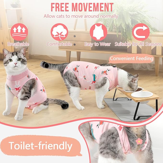 SlowTon Cat Recovery Suit - Cat Onesie for Cats After Surgery, Spay Suit for Abdominal Wounds, E-Collar Alternative Bodysuit Shirt Anti-Licking (Pink, S)