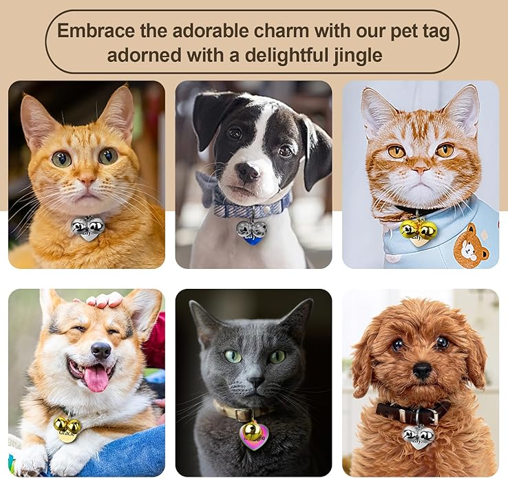 HOPELF Dog Collar Bells with Personalized Engraved Dog Tags for Pets - Small Jingle Bells as Cat Collar Charm - Stainless Steel Custom Dogs Name ID Tags - Kitten and Puppy Essentials Stuff