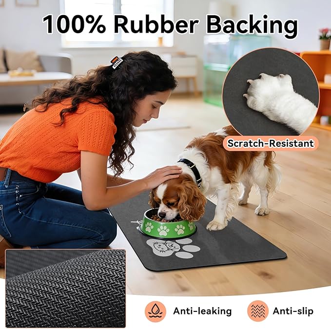 Dog Cat Feeding Mat-Absorbent Pet Bowl Mat for Food and Water, Quick Dry Water Dispenser Mat for Floors with Waterproof Rubber Backing, Large Dogs Placemat Mats for Messy Drinkers,17"x27",Dark Grey
