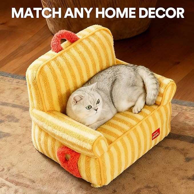 ZEZE Furniture-Style Sofa Pet Bed, Washable Plush Couch Bed with Bolstered Sides & Non-Slip Bottom for Dogs & Cats, Cozy Indoor Bed (Yellow, Small)