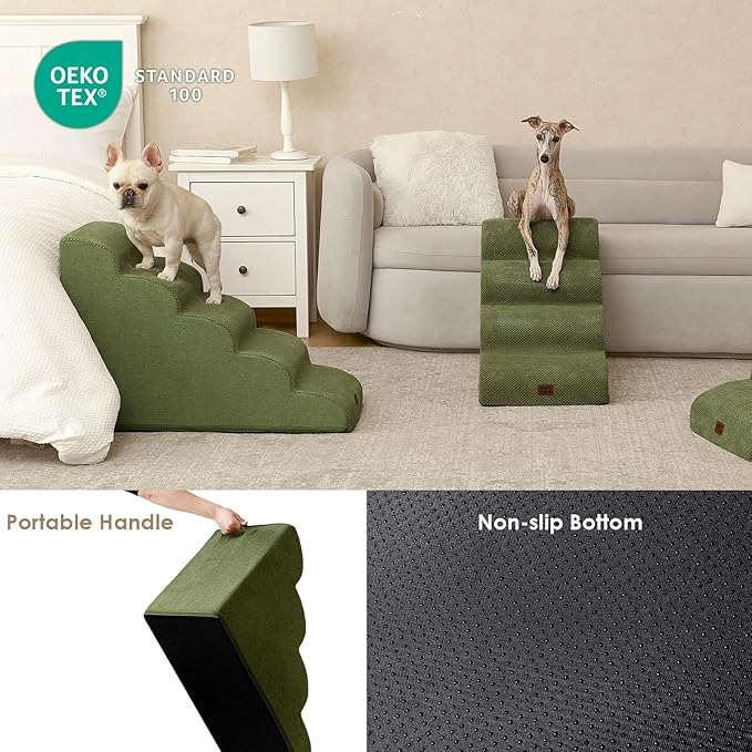 EHEYCIGA Curved Dog Stairs Ramp for High Beds 22.6" H, 5-Step Dog Steps for Small Dogs and Cats, Pet Stairs for High Bed Climbing, Non-Slip Balanced Pet Step Indoor, Olive Green