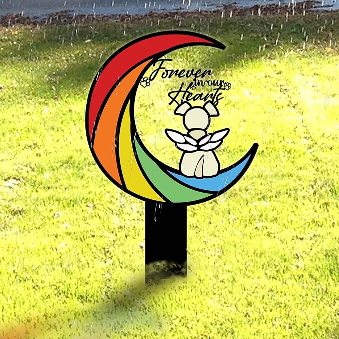 Rainbow Bridge Memorial Grave Marker – 12in Angel Pet Grave Tribute, Weatherproof Loss Gift with Colorful Moon Design, Garden Decoration for Rainbow Bridge Dog Lovers
