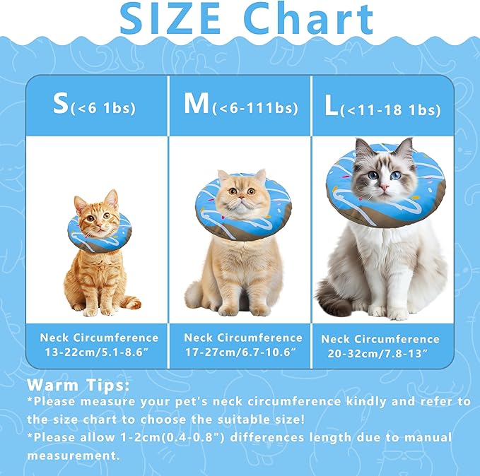 Seyezo Cat Cone Collar Soft, Adjustable Cat Recovery Collar Kitten Cones to Stop Licking, Cute Donut E Collar After Surgery, Cats Neck Pillow Elizabethan Cones of Shame (Waterproof Blue, Medium)