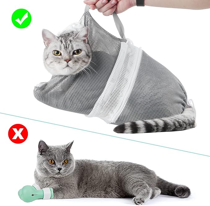 Cat Bathing Bag Adjustable Cat Grooming Net Bag Anti-bite & Anti-Scratch Cat Bath Washing Restraint Bag, Breathable Mesh Cat Grooming Bag for Shower, Nail Trimming, Injection