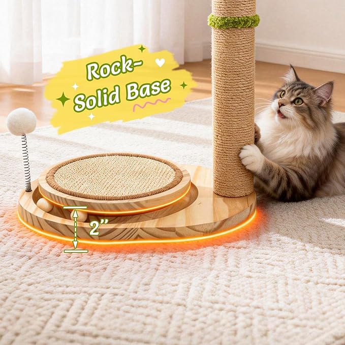 39" Tall Cat Scratching Post, Cute Olive Tree Cat Scratcher, Interactive Cat Toys with Ball Track & Spring Ball, Sturdy Cat Tree with Scratch Pad for Indoor Cats Adults and Kittens