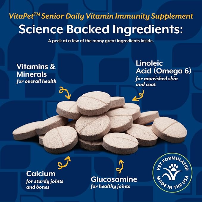 NaturVet –VitaPet Senior Daily Vitamins for Senior Dogs – Plus Glucosamine – Full Spectrum of Vitamins & Minerals – Enhanced with Glucosamine for Added Joint Support – 60 Time Release Tablets