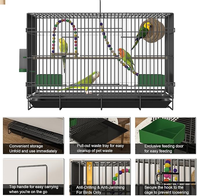 20-inch Bird Cage,Foldable Medium Small Parrot Parakeet Bird Cages for Parrots Canaries Cockatiels Lovebirds Finches Budgies Conures Pet Metal Birdcage with Slide-Out Tray and 4 Pcs Bird Toys