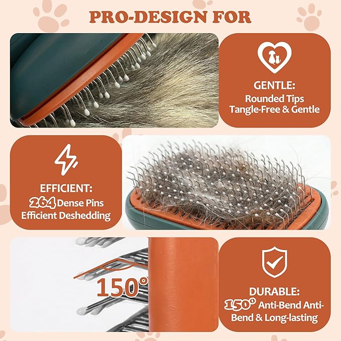 Self Cleaning Slicker Brush - Skin Friendly Pet Shedding Brush for Cats, Puppies, Long & Short Hair, Painless Deshedding & Massaging Tool(Green)