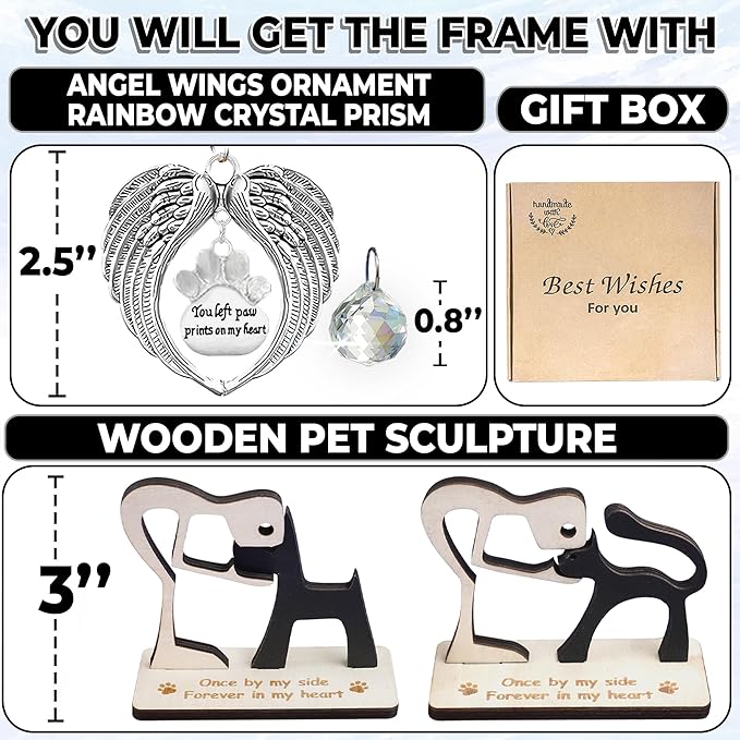 Black Rotating Wooden Picture Frame 4x6 Photo Pet Angel Wings Memorial Ornament Crystal Rainbow You Left Pawprints on My Heart, Dog Cat Bereavement Remembrance Gifts In Loving Sympathy Frame PR-4B